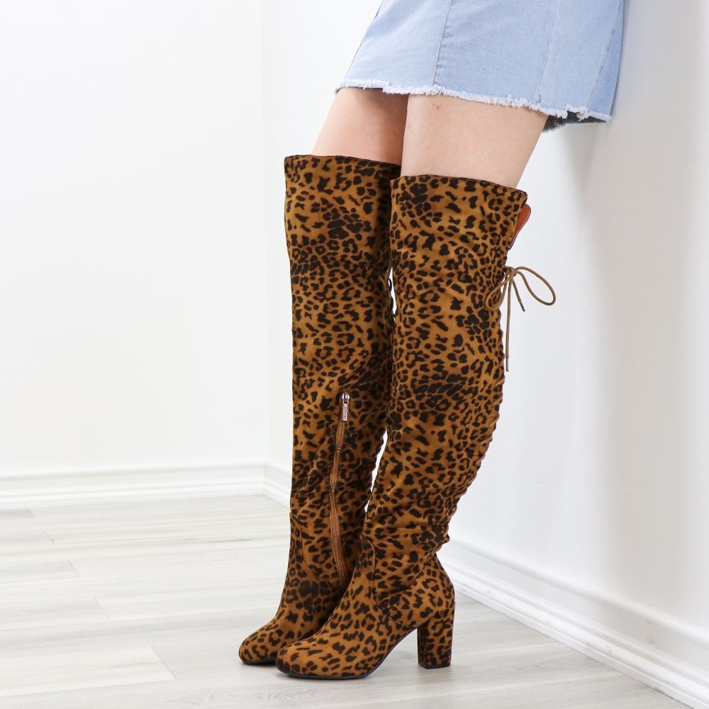 Suede Leopard Thigh High Heeled Boots Back Laces - Picture 3 of 15